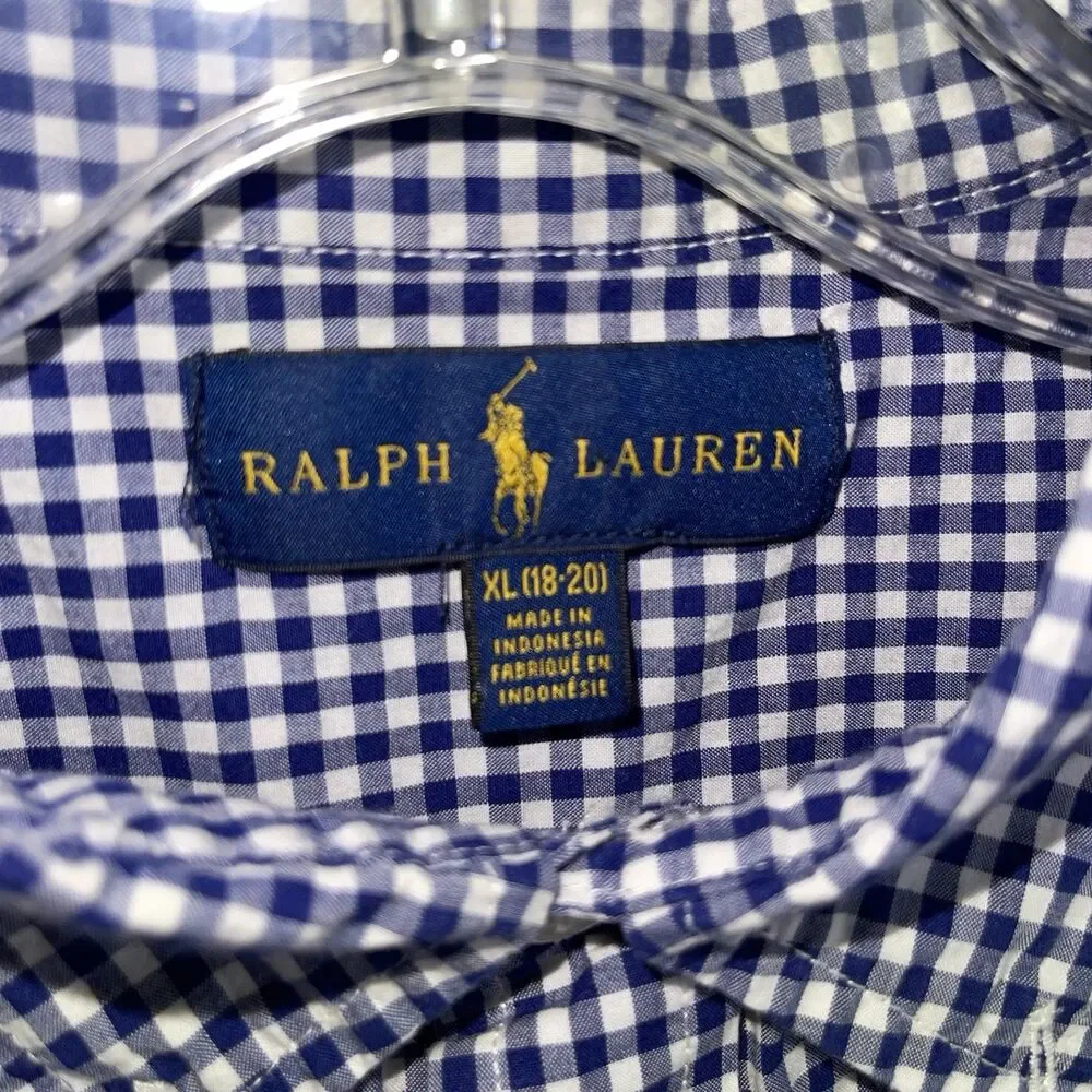 Ralph Lauren Boys Shirt Kids Size 18 20 Blue White Plaid Red Pony Short Sleeve